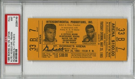 Muhammad Ali vs Sonny Liston Full Unused Ticket Graded PSA 9 & Signed By Ali